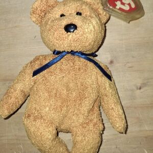 Ty Fuzz Beanie Tan Plush Bear with Navy Ribbon With Tag